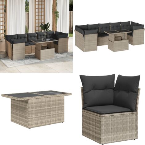 Set Divano da Giardino 8pz con Cuscini Grigio Chiaro Polyrattan - Sedute da esterno - Tavolo da giardino