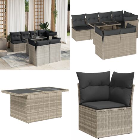 Set Divano da Giardino 8pz con Cuscini Grigio Chiaro Polyrattan - Sedute da esterno - Tavolo da giardino