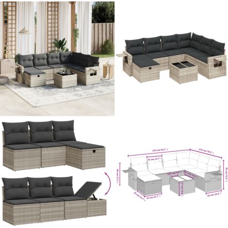 Set Divano da Giardino 8pz con Cuscini Grigio Chiaro Polyrattan - Sedute da esterno - Tavolo da giardino