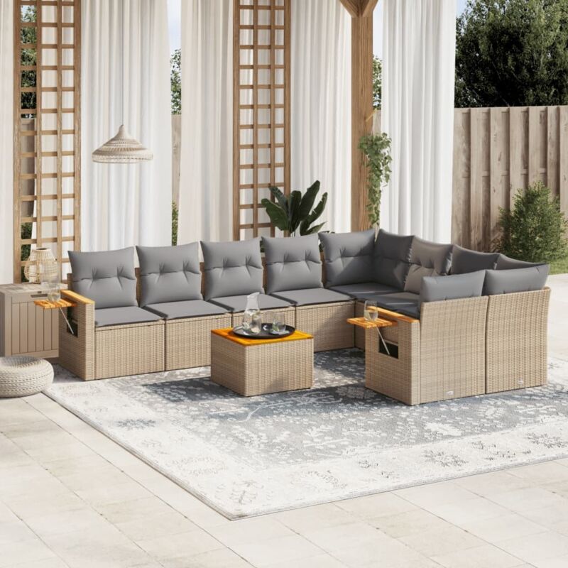 Vidaxl Set Divano Da Giardino 10 Pz Con Cuscini Beige In Polyrattan
