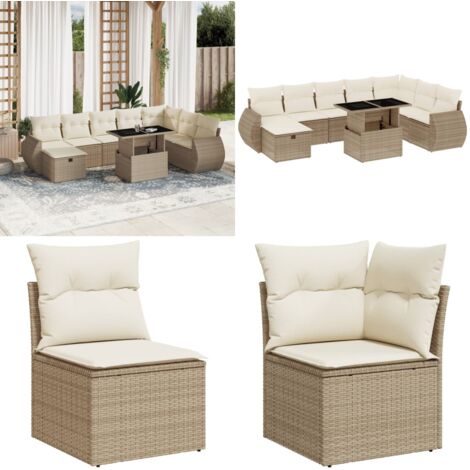 Set Divano da Giardino 9 pz con Cuscini Beige in Polyrattan - Poltrona da giardino - Tavolo da giardino