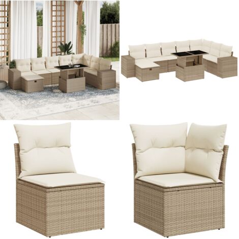 Set Divano da Giardino 9 pz con Cuscini Beige in Polyrattan - Poltrona da giardino - Tavolo da giardino