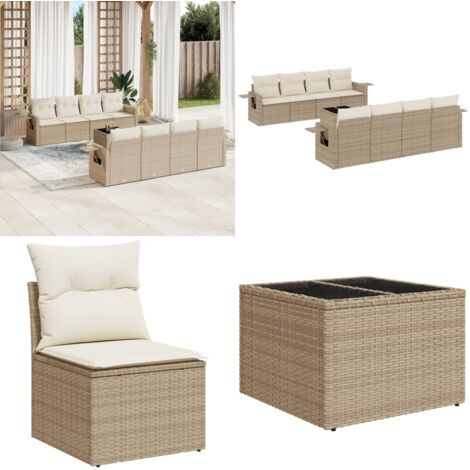 Set Divano da Giardino 9 pz con Cuscini Beige in Polyrattan - Poltrona da giardino - Tavolo da giardino