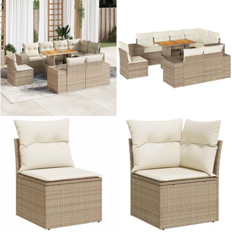 Set Divano da Giardino 9 pz con Cuscini Beige in Polyrattan - Seduta angolare - Tavolo da giardino