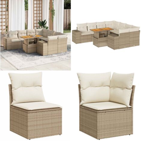 Set Divano da Giardino 9 pz con Cuscini Beige in Polyrattan - Sedute angolari - Tavolo da giardino
