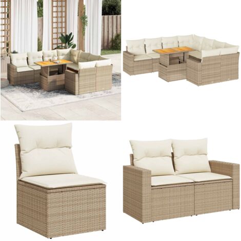 Set Divano da Giardino 9 pz con Cuscini Beige in Polyrattan - Sedute angolari - Tavolo da giardino