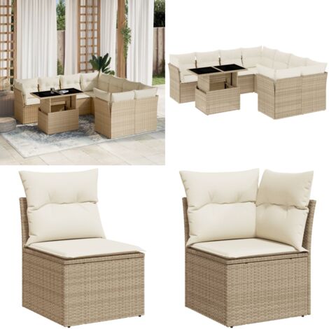 Set Divano da Giardino 9 pz con Cuscini Beige in Polyrattan - Sedute angolari - Tavolo da giardino