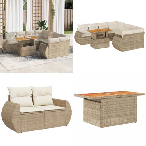 Set Divano da Giardino 9 pz con Cuscini Beige in Polyrattan - Sedute angolari - Tavolo da giardino