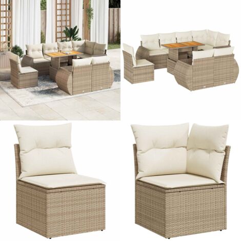 Set Divano da Giardino 9 pz con Cuscini Beige in Polyrattan - Sedute angolari - Tavolo da giardino
