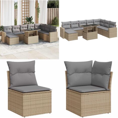 Set Divano da Giardino 9 pz con Cuscini Beige in Polyrattan - Sedute da esterno - Cuscini per seduta