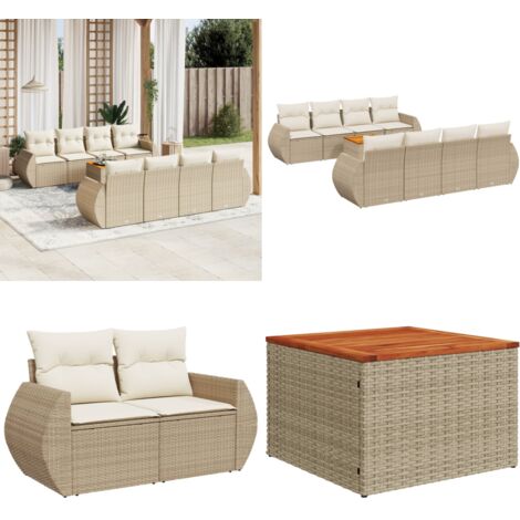 Set Divano da Giardino 9 pz con Cuscini Beige in Polyrattan - Sedute da esterno - Tavolo da giardino