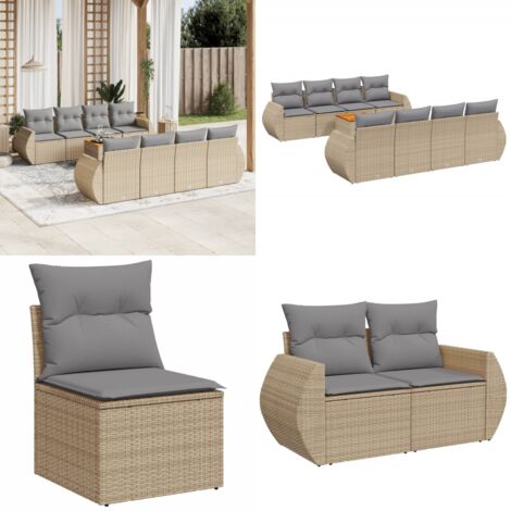 Set Divano da Giardino 9 pz con Cuscini Beige in Polyrattan - Sedute da esterno - Tavolo da giardino