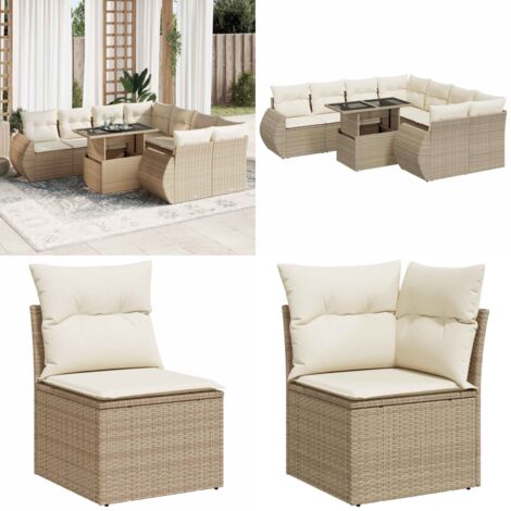 Set Divano da Giardino 9 pz con Cuscini Beige in Polyrattan - Sedute da giardino - Tavolo da giardino