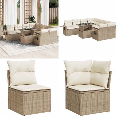 Set Divano da Giardino 9 pz con Cuscini Beige in Polyrattan - Sedute da giardino - Tavolo da giardino