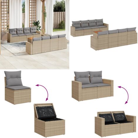 Set Divano da Giardino 9 pz con Cuscini Beige Misto Polyrattan - Sedute da giardino - Tavolo da giardino