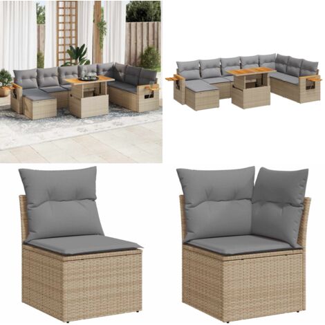 Set Divano da Giardino 9 pz con Cuscini Beige Polyrattan Acacia - Sedute da giardino - Tavolo da giardino