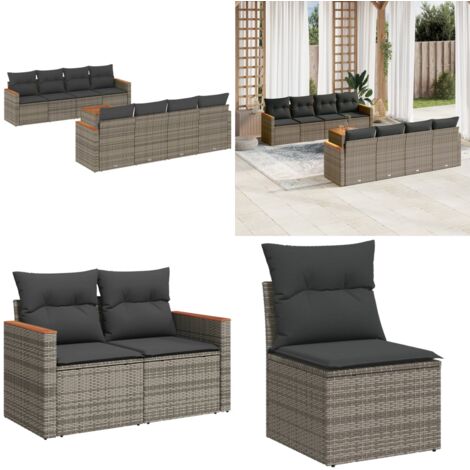 Set Divano da Giardino 9 pz con Cuscini Grigio in Polyrattan - Poltrona da giardino - Tavolo da giardino