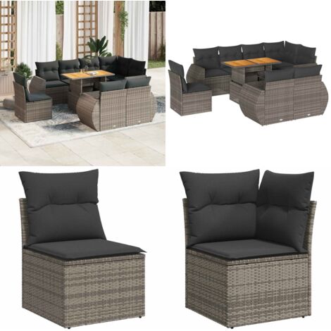 Set Divano da Giardino 9 pz con Cuscini Grigio in Polyrattan - Seduta angolare - Tavolo da giardino