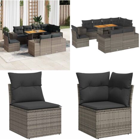 Set Divano da Giardino 9 pz con Cuscini Grigio in Polyrattan - Seduta angolare - Tavolo da giardino
