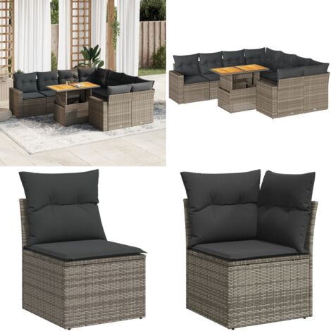 Set Divano da Giardino 9 pz con Cuscini Grigio in Polyrattan - Sedute angolari - Tavolo da giardino
