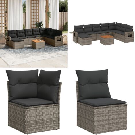 Set Divano da Giardino 9 pz con Cuscini Grigio in Polyrattan - Sedute da esterno - Cuscini da giardino