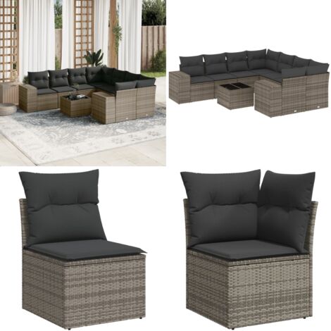Set Divano da Giardino 9 pz con Cuscini Grigio in Polyrattan - Sedute da esterno - Tavolo da giardino
