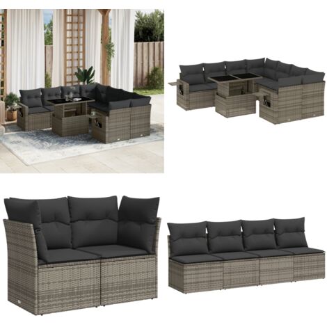 Set Divano da Giardino 9 pz con Cuscini Grigio in Polyrattan - Sedute da esterno - Tavolo da giardino