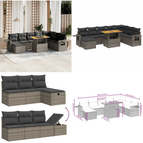 Set Divano da Giardino 9 pz con Cuscini Grigio in Polyrattan - Sedute da esterno - Tavolo da giardino