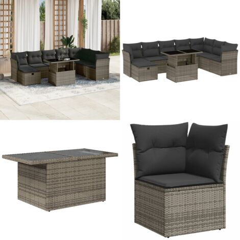 Set Divano da Giardino 9 pz con Cuscini Grigio in Polyrattan - Sedute da esterno - Tavolo da giardino