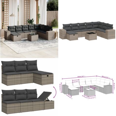 Set Divano da Giardino 9 pz con Cuscini Grigio in Polyrattan - Sedute da esterno - Tavolo da giardino