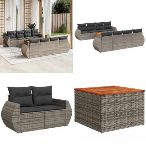 Set Divano da Giardino 9 pz con Cuscini Grigio in Polyrattan - Sedute da esterno - Tavolo da giardino