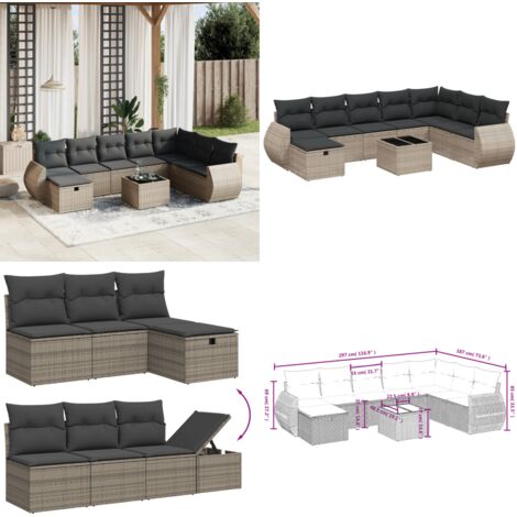Set Divano da Giardino 9 pz con Cuscini Grigio in Polyrattan - Sedute da esterno - Tavolo da giardino