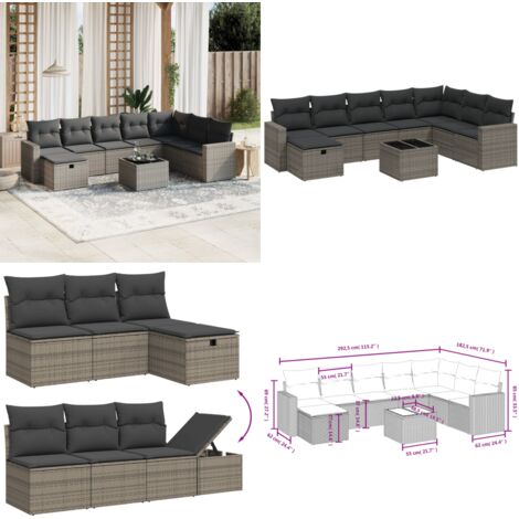 Set Divano da Giardino 9 pz con Cuscini Grigio in Polyrattan - Sedute da esterno - Tavolo da giardino