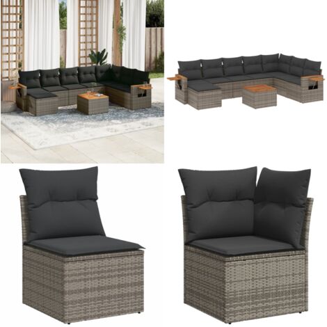 Set Divano da Giardino 9 pz con Cuscini Grigio in Polyrattan - Sedute da esterno - Tavolo da giardino