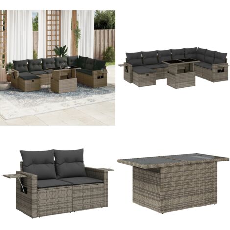 Set Divano da Giardino 9 pz con Cuscini Grigio in Polyrattan - Sedute da esterno - Tavolo da giardino