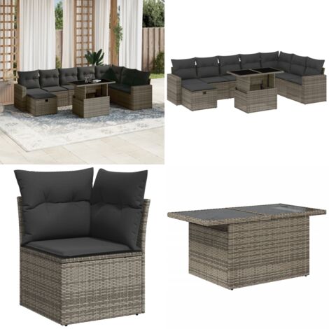 Set Divano da Giardino 9 pz con Cuscini Grigio in Polyrattan - Sedute da esterno - Tavolo da giardino