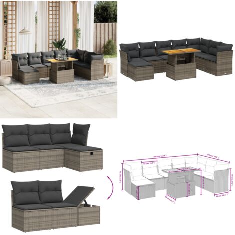 Set Divano da Giardino 9 pz con Cuscini Grigio in Polyrattan - Sedute da esterno - Tavolo da giardino