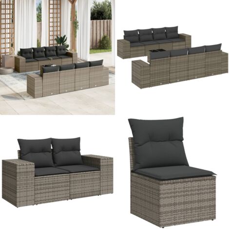 Set Divano da Giardino 9 pz con Cuscini Grigio in Polyrattan - Sedute da esterno - Tavolo da giardino