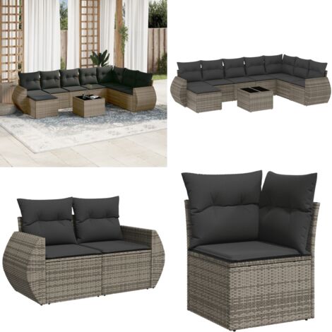 Set Divano da Giardino 9 pz con Cuscini Grigio in Polyrattan - Sedute da esterno - Tavolo da giardino
