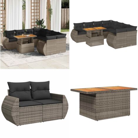 Set Divano da Giardino 9 pz con Cuscini Grigio in Polyrattan - Sedute da esterno - Tavolo da giardino