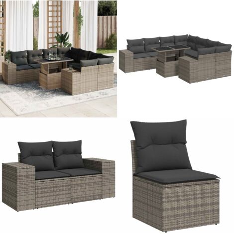 Set Divano da Giardino 9 pz con Cuscini Grigio in Polyrattan - Sedute da esterno - Tavolo da giardino
