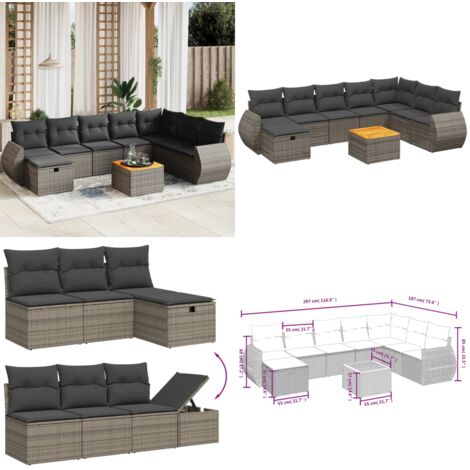 Set Divano da Giardino 9 pz con Cuscini Grigio in Polyrattan - Sedute da esterno - Tavolo da giardino