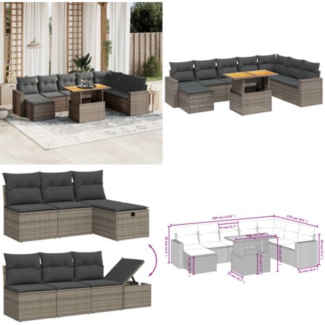 Set Divano da Giardino 9 pz con Cuscini Grigio in Polyrattan - Sedute da esterno - Tavolo da giardino