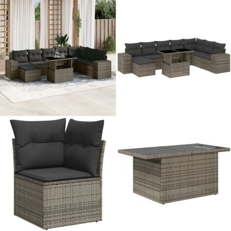 Set Divano da Giardino 9 pz con Cuscini Grigio in Polyrattan - Sedute da esterno - Tavolo da giardino