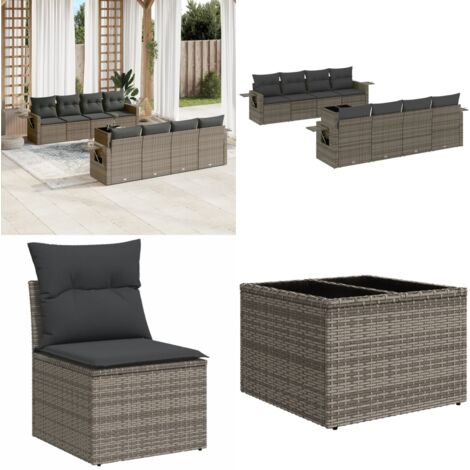 Set Divano da Giardino 9 pz con Cuscini Grigio in Polyrattan - Sedute da esterno - Tavolo da giardino