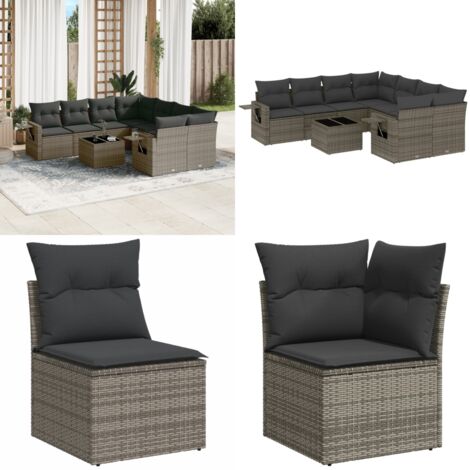 Set Divano da Giardino 9 pz con Cuscini Grigio in Polyrattan - Sedute da esterno - Tavolo da giardino