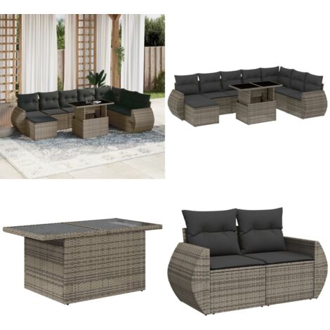 Set Divano da Giardino 9 pz con Cuscini Grigio in Polyrattan - Sedute da esterno - Tavolo da giardino