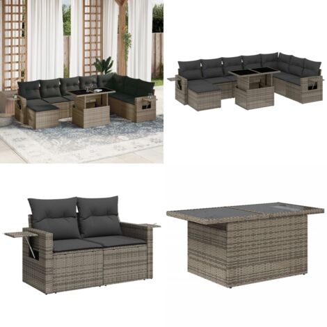 Set Divano da Giardino 9 pz con Cuscini Grigio in Polyrattan - Sedute da esterno - Tavolo da giardino