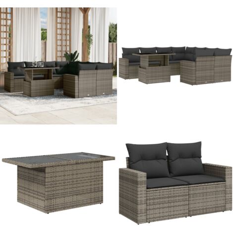 Set Divano da Giardino 9 pz con Cuscini Grigio in Polyrattan - Sedute da esterno - Tavolo da giardino