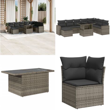 Set Divano da Giardino 9 pz con Cuscini Grigio in Polyrattan - Sedute da esterno - Tavolo da giardino